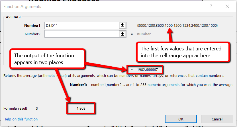 Function Arguments dialog box shows first few values next to cell range, and output of function appears both in center of box and at bottom as "formula result".