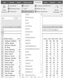 Formulas tab open to Date & Time drop-down menu options: date, datevalue, day, days, minute, month, second, timevalue, and more.