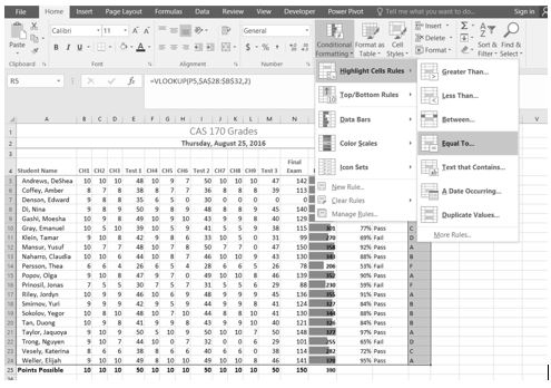 Conditional formatting tab showing Highlight Cells Rules selected for Equal to....