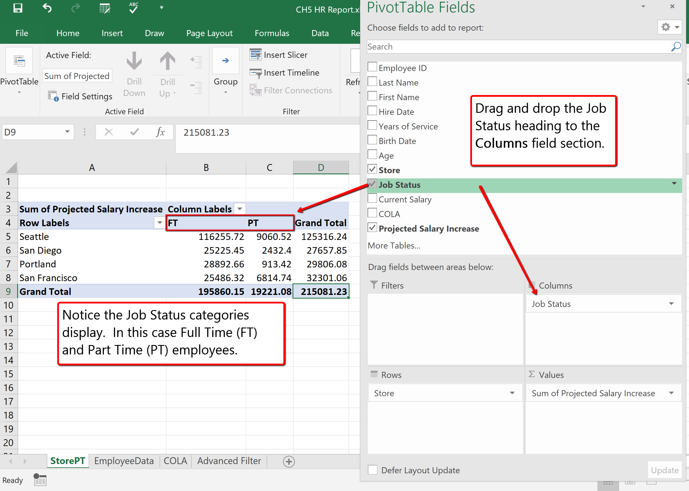 Screenshot of the PivotTable Columns Selection