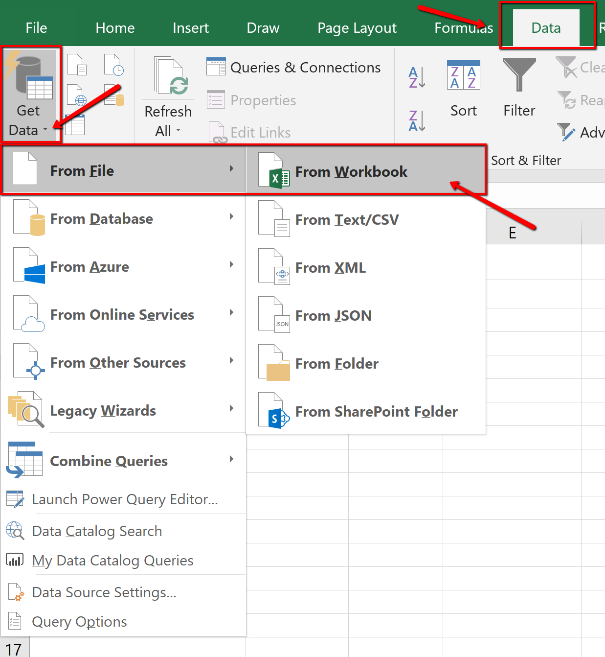 Screenshot of the Figure Get Data From File, From Workbook menu