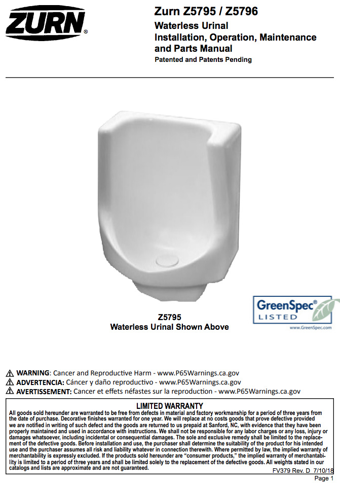 Zurn Z5795 Waterless Urinal