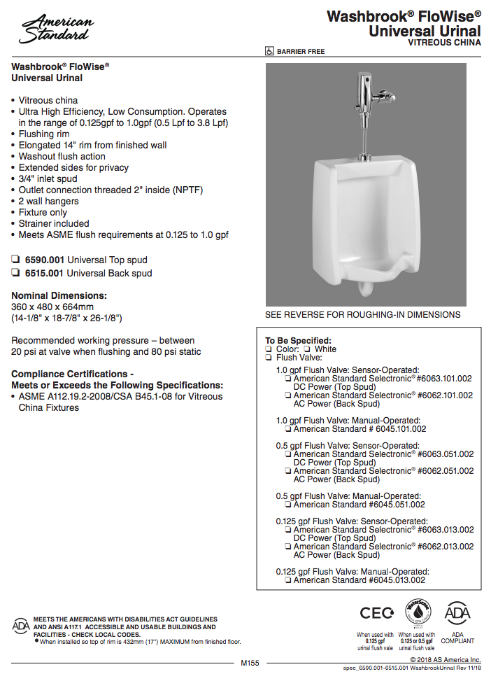 Washbrook FloWise Universal Urinal Specification Sheet