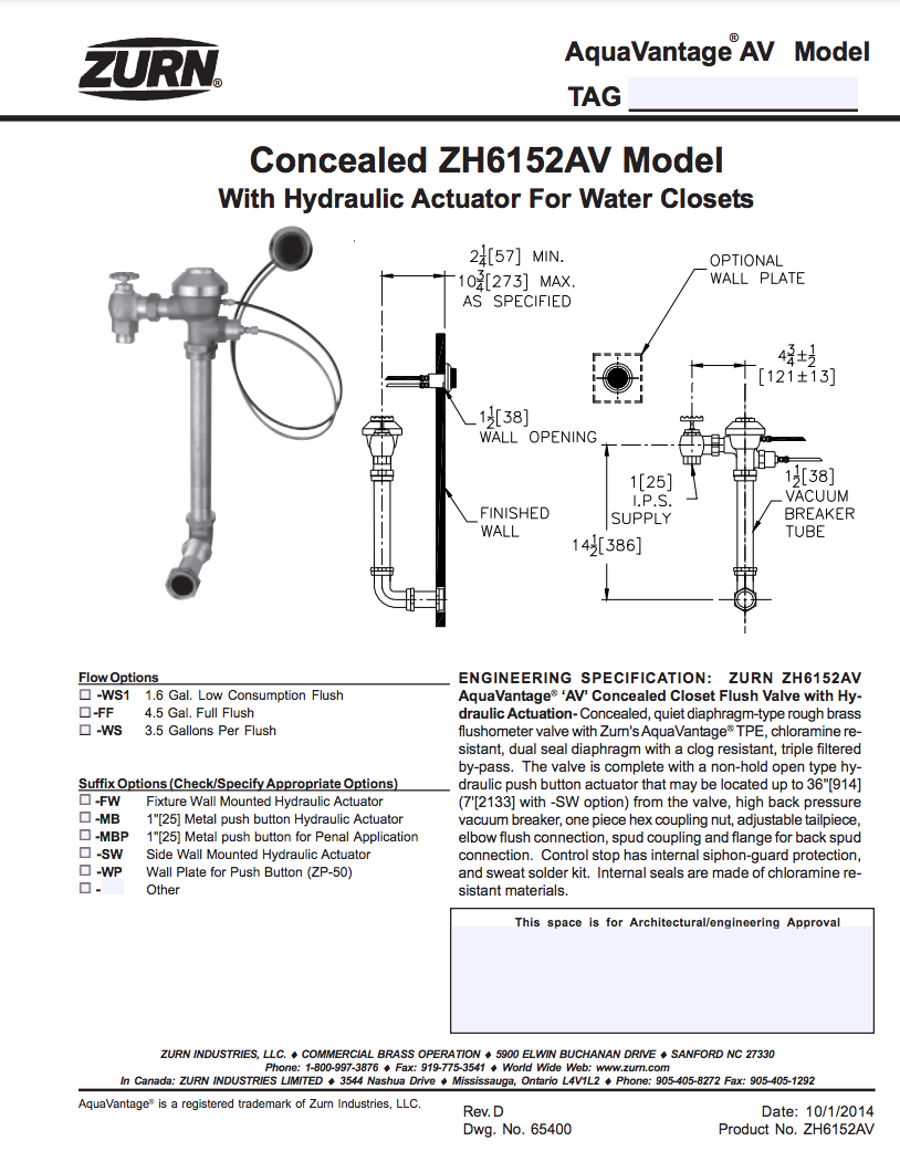 Concealed ZH6152AV Model With Hydraulic Actuator For Water Closets