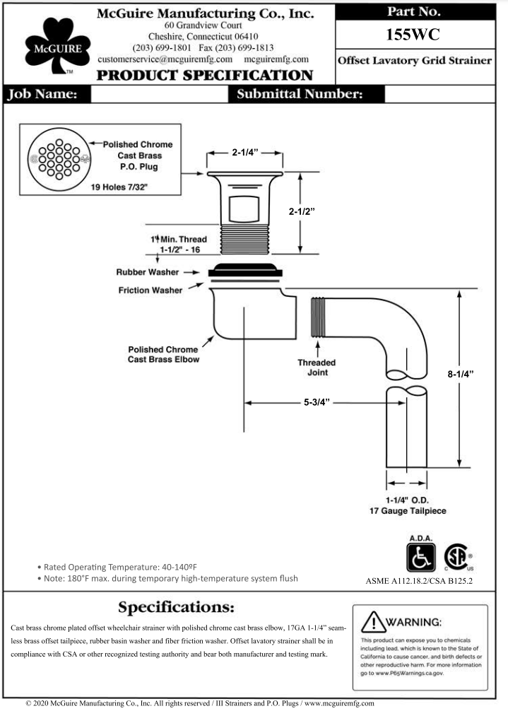 McGuire 155WC - Offset Lavatory Open Grid Strainer