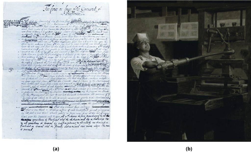 On the left, an scan of a handwritten letter identified as William Penn's first draft of The Frame of Government. One the right, a black and white painting of a man pulling a large lever of a printing press.