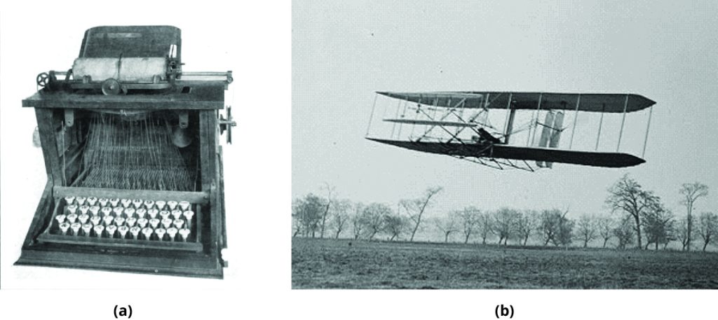 On the left, a black and white image of an early typewriter model. On the right, an early model of an airplane in flight with the ground and nearby trees visable.