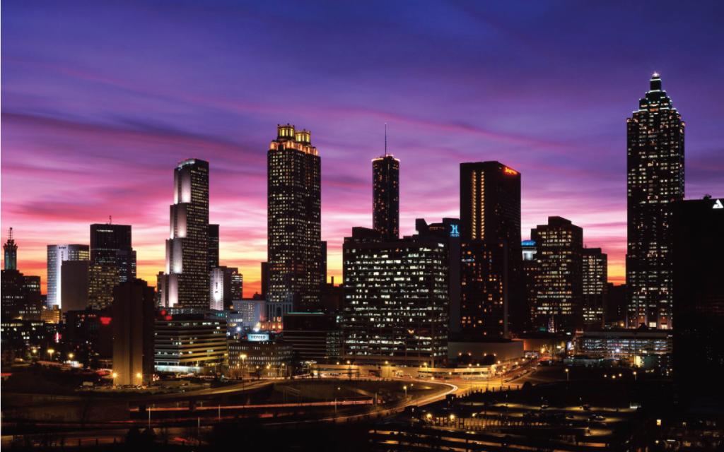 The skyline of the city of Atlanta at dusk.