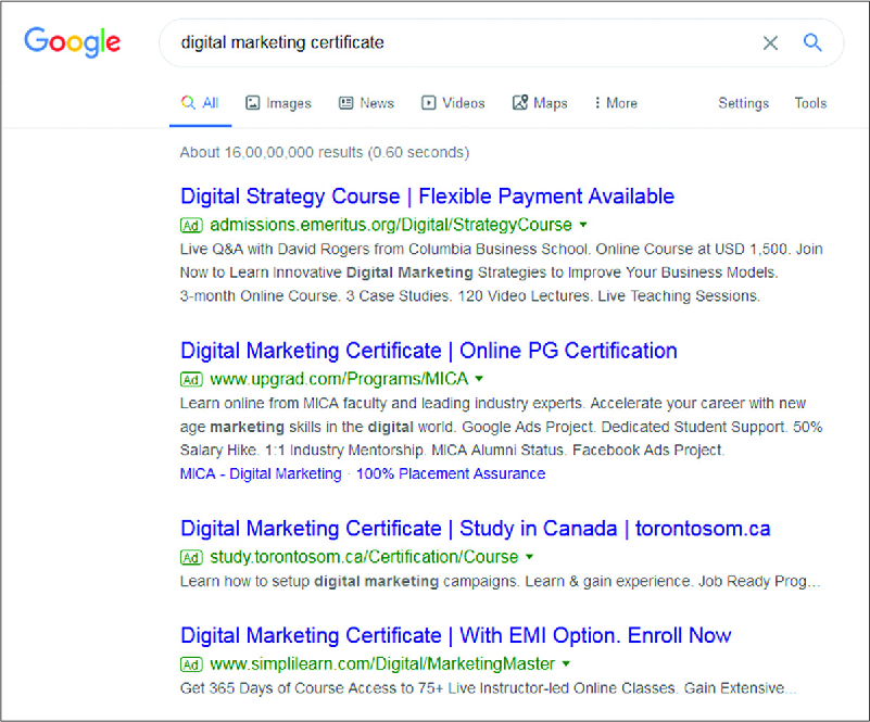 A screenshot of a Google search results page for the term "digital marketing certificate".