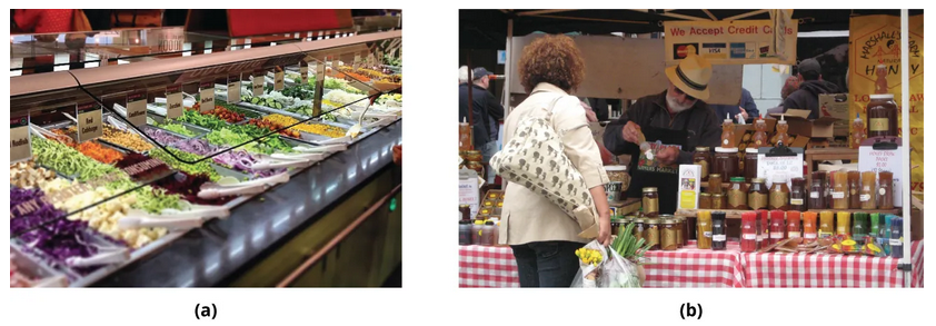 Photograph a shows a salad bar at a grocery store. Photograph b shows a customer looking at products at a farmer’s market stand with the seller of the product behind the table.