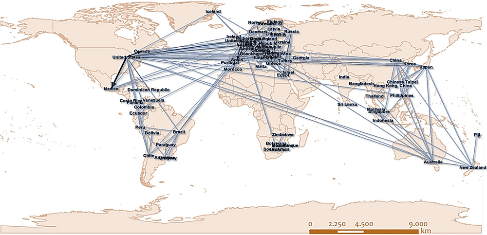Map of the world showing links between major cities that were conduits for the global tansmission of COVID-19