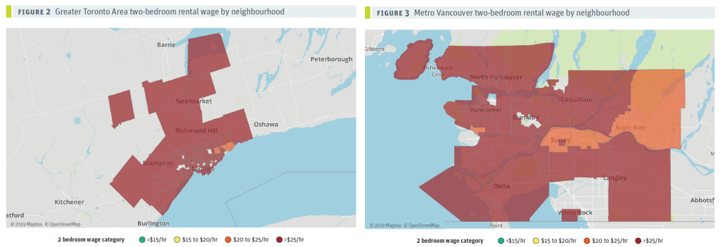Maps of Greater Toronto and Greater Vancouver showing areas of affordability of rental for different categories of hourly wage. The vast majority of rentals are shown as unaffordable to people earning less than $25/hr in these two cities.