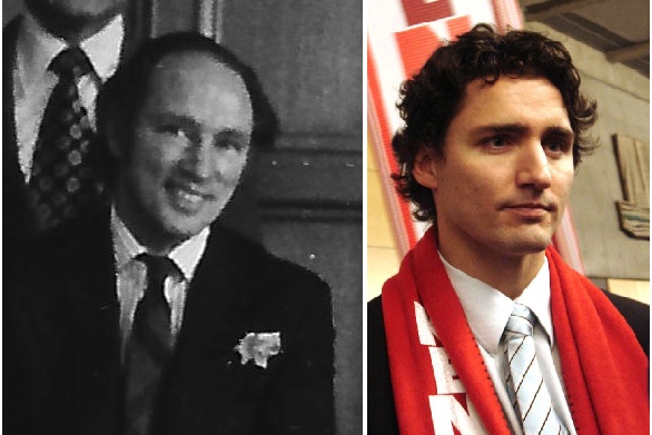 Left, black and white photo of Pierre Elliott Trudeau circa 1970, and right, colour phooto of his son, Justin Trudeau in 2006.