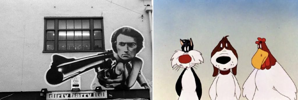 Figure 16.24 Graffiti of the Clint Eastwood film character Dirty Harry pointing his Magnum 0.44 gun. Figure 16.25 Image of Looney Toon cartoon characters: Sylvester, Barnyard and Foghorn in "Crowing Pains" (1947).