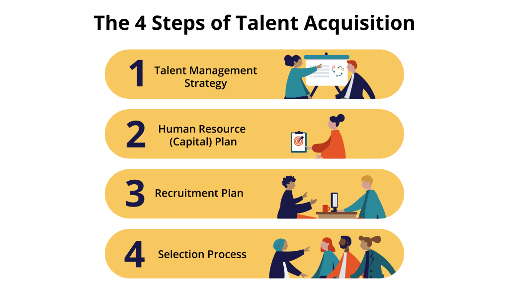 The Steps of Talent Acquisition: 1. Talent Management Strategy, 2. Human Resource (Capital) Plan, 3. Recruitment Plan, 4. Selection Process