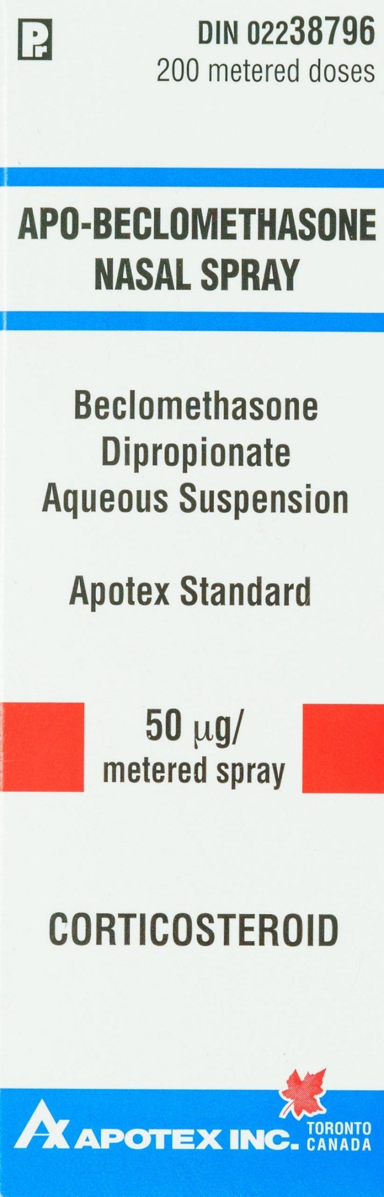 Apo-Beclomethasone nasal spray packaing. Beclomethasone Diproprionate aqueous suspension. 50 micrograms per metered spray.