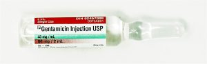 Gentamicin injection USP. 40 mg per mL. 80 mg per 2 mL.