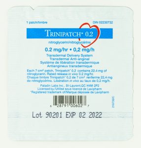 Trinipatch packaging. Nitroclycerin. 0.2mg/hr. Each patch contains 22.4 mg of nytroglycerin.