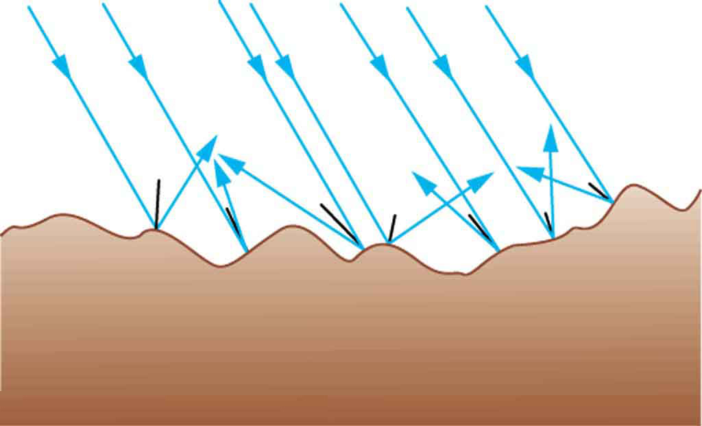 Parallel light rays falling on a rough surface get scattered at different angles.