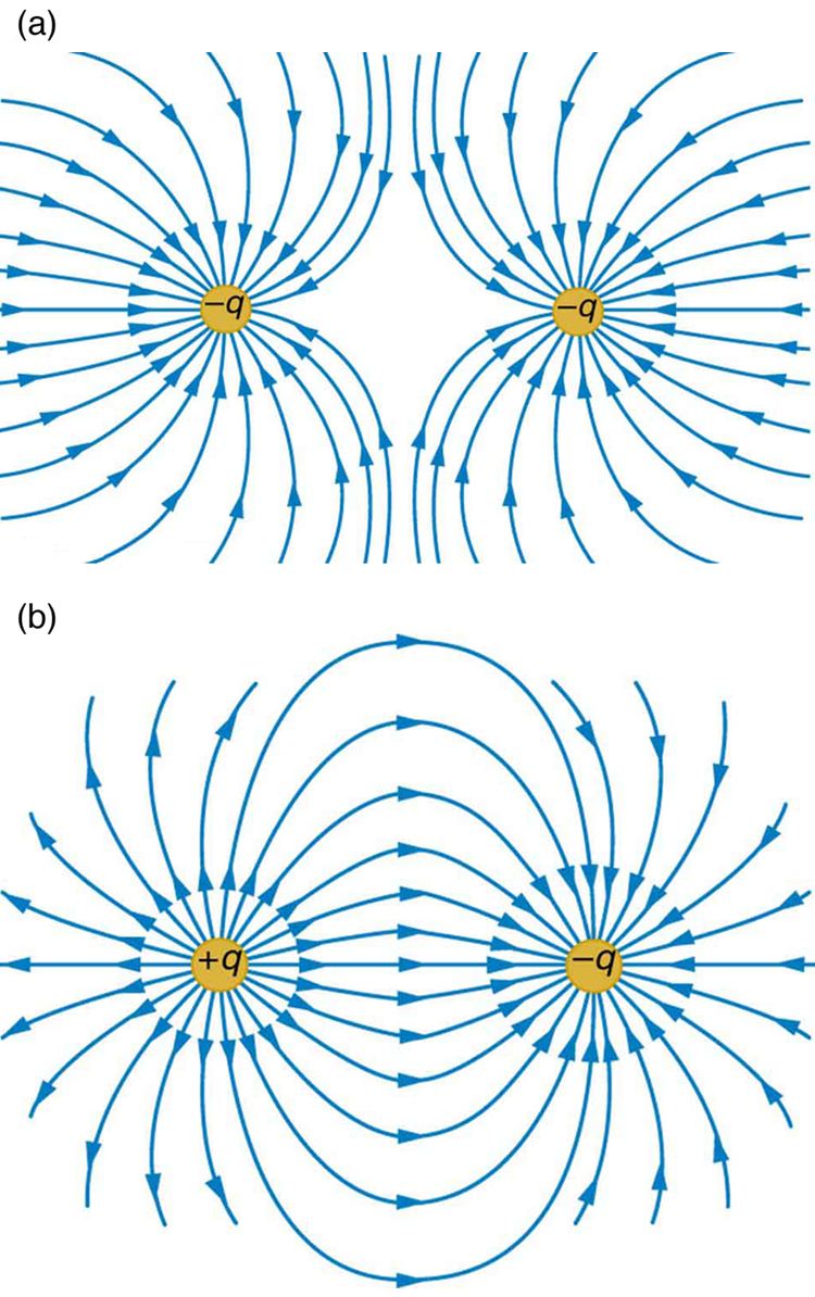 In part a, two negative charges of magnitude minus q are placed at some distance. Their field lines are represented by curved arrows terminating into the negative charges. The curves are divergent. In part b, two charges are placed at a distance where one is positive labeled as plus q and other is negative labeled as minus q. The field lines represented by curved arrows start from the positive charge and end at the negative charge. The curves are convergent.