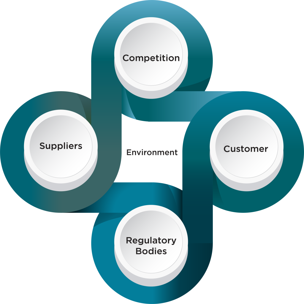 Factors of the environment - competition, customers, regulatory bodies, suppliers