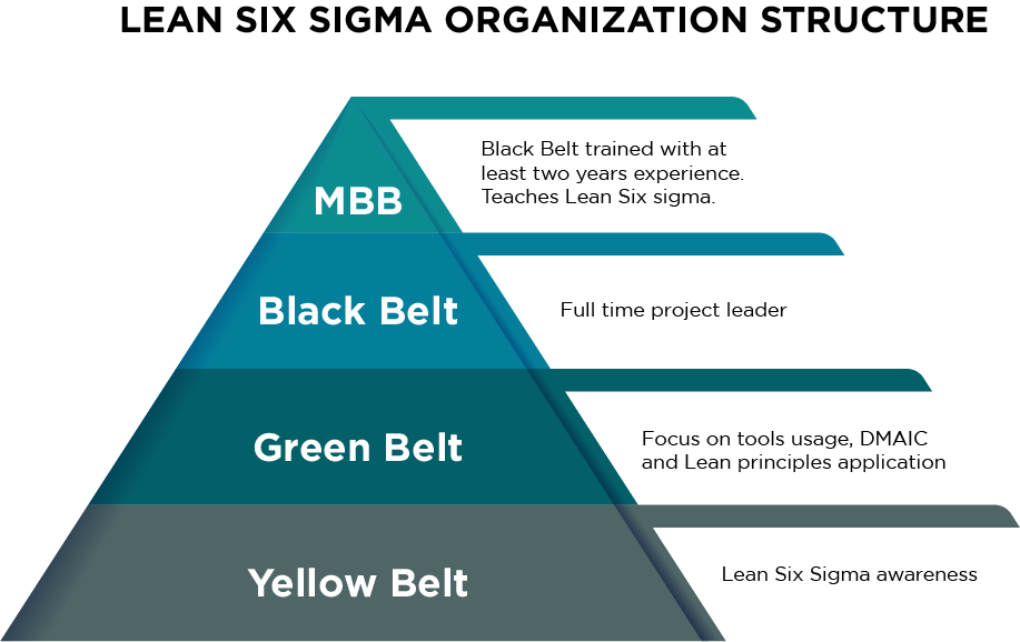 The image displays the organizational structure of a Lean Six Sigma system. It features a pyramid-shaped hierarchy with different belt levels, including Master Black Belt (MBB), Black Belt, Green Belt, and Yellow Belt. The MBB is described as a Black Belt trained with at least two years of experience, who teaches Lean Six Sigma. The Black Belt is a full-time project leader, the Green Belt focuses on tools usage, DMAIC, and Lean principles application, and the Yellow Belt has Lean Six Sigma awareness.