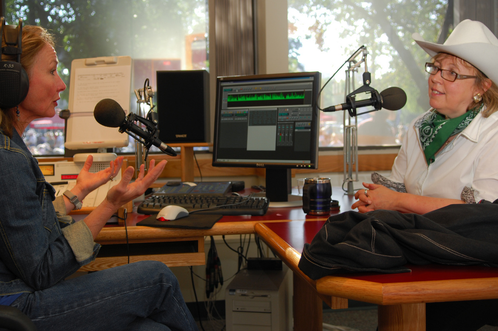 Elizabeth May being interviewed for radio.