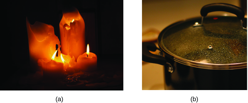 Figure A is a photograph of 5 brightly burning candles. The wax of the candles has melted. Figure B is a photograph of something being heated on a stove in a pot. Water droplets are forming on the underside of a glass cover that has been placed over the pot.
