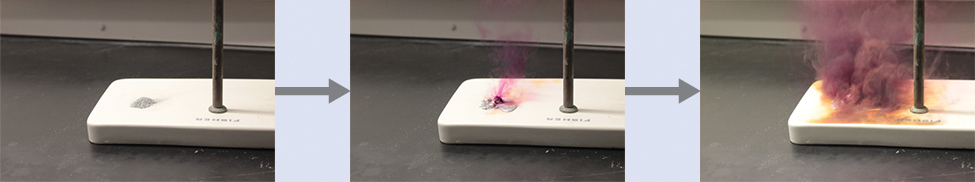 This figure shows three photos with an arrow leading from one to the next. The first photo shows a small pile of iodine and aluminum on a white surface. The second photo shows a small amount of purple smoke coming from the pile. The third photo shows a large amount of purple and gray smoke coming from the pile.