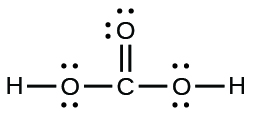 A Lewis structure is shown. A carbon atom is single bonded to three oxygen atoms. Two of those oxygen atoms are each single bonded to a hydrogen atom. Each oxygen atom has two lone pairs of electron dots.