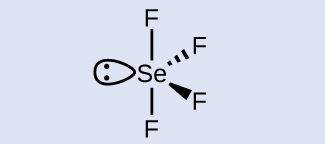 A Lewis structure is shown in which four fluorine atoms are each attached to one sulfur atom. Two of the attached fluorine atoms are vertically attached up and down, while two are attached into and out of the page to the right. The sulfur also has one lone pair of electrons attached to the left of the structure.