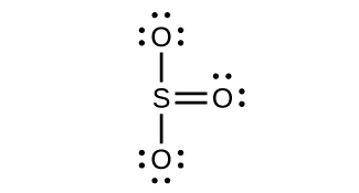 A Lewis structure of a sulfur atom singly bonded to two oxygen atoms, each with three lone pairs of electrons, and double bonded to a third oxygen atom with two lone pairs of electrons is shown.