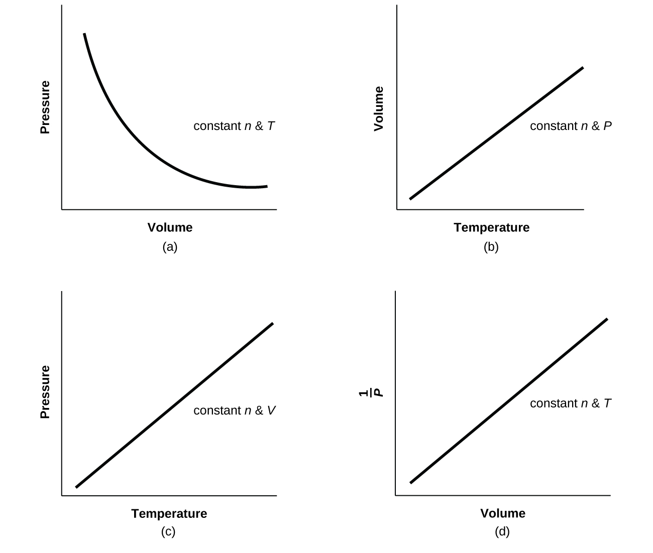 Four graphs are shown. In a, Volume is on the horizontal axis and Pressure is on the vertical axis. A downward trend with a decreasing rate of change is shown by a curved line. The label n, P cons is shown on the graph. In b, Temperature is on the horizontal axis and Volume is on the vertical axis. An increasing linear trend is shown by a straight line segment. The label n, P cons is shown on the graph. In c, Temperature is on the horizontal axis and Pressure is on the vertical axis. An increasing linear trend is shown by a straight line segment. The label n, P cons is shown on the graph. In d, Volume is on the horizontal axis and 1 divided by Pressure is on the vertical axis. An increasing linear trend is shown by a straight line segment on the graph. The label n, P cons is shown on the graph.
