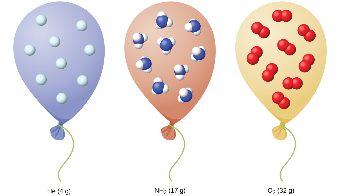 This figure shows three balloons each filled with He, NH subscript 2, and O subscript 2, respectively. Beneath the first balloon is the label “4 g of He” Beneath the second balloon is the label, “17 g of NH subscript 2.” Beneath the third balloon is the label “32 g of O subscript 2.” Each balloon contains the same number of molecules of their respective gases.