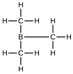 This Lewis structure is composed of a boron atom that is single bonded to three carbon atoms, each of which is single bonded to three hydrogen atoms.