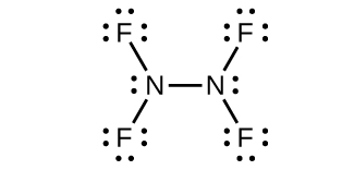 This Lewis structure shows two nitrogen atoms, each with one lone pair of electrons, single bonded to one another and each single bonded to two fluorine atoms. Each fluorine atom has three lone pairs of electrons.
