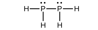 This Lewis structure shows two phosphorus atoms, each with a lone pair of electrons, single bonded to one another. Each phosphorus atom is also single bonded to two hydrogen atoms.