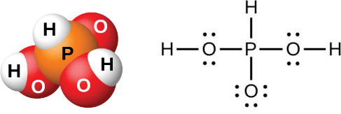A space filling model shows an orange atom labeled, “P,” bonded on three sides to red atoms labeled, “O,” and on the other side to a white atom labeled, “H.” Two of the red atoms are bonded to white atoms labeled, “H.” A Lewis structure is also shown in which a phosphorus atom is single bonded to a hydrogen atom and three oxygen atoms, two of which have two lone pairs of electrons and single bonds to hydrogen atoms, and one of which has three lone pairs of electrons.