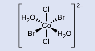 The structure in this figure shows a structure inside brackets. A central C o atom is shown with line segments indicating bonds to C l atoms above and below the structure. Above and to the left, a dashed wedge with its vertex at the C o atom widening as it moves out from the atom indicates a bond with the O atom of a H subscript 2 O group. A second dashed wedge indicates a bond with the central C o atom with a B r atom up and to the right. Similarly, a solid wedge below and to the left indicates a bond with a B r atom. A second solid wedge below and to the right indicates a bond with the O atom of an H subscript 2 O group. This structure is enclosed in brackets. Outside the brackets to the right is the superscript 2 negative sign.