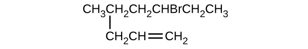 This structure shows a hydrocarbon chain composed of C H subscript 3 C H subscript 2 C H subscript 2 C H B r C H subscript 2 C H subscript 3 with a C H subscript 2 C H double bond C H subscript 2 group attached beneath the second C atom counting left to right.