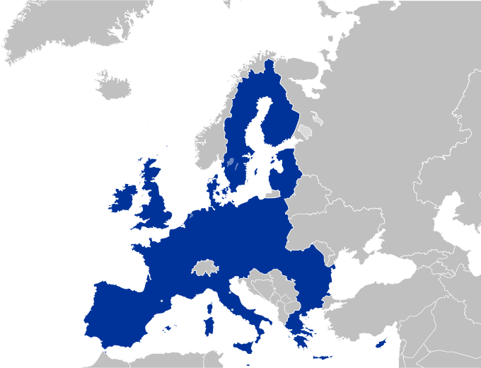 Map of the European Union, encompassing most of the states of Europe west of Russia.