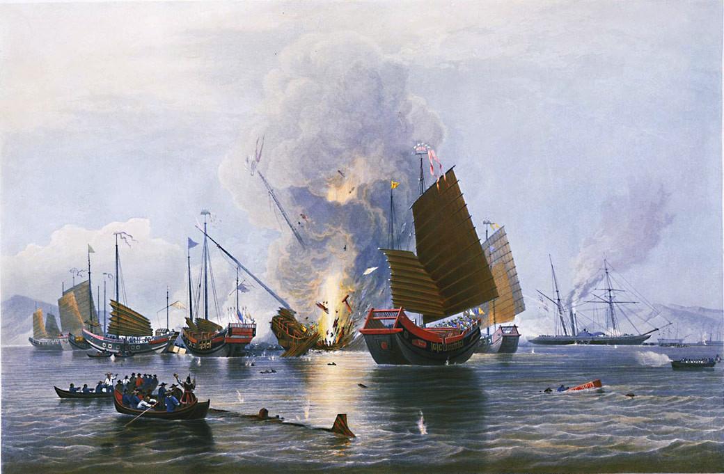 Painting of a British naval victory during the first Opium War, with Chinese ships being destroyed by cannon fire.
