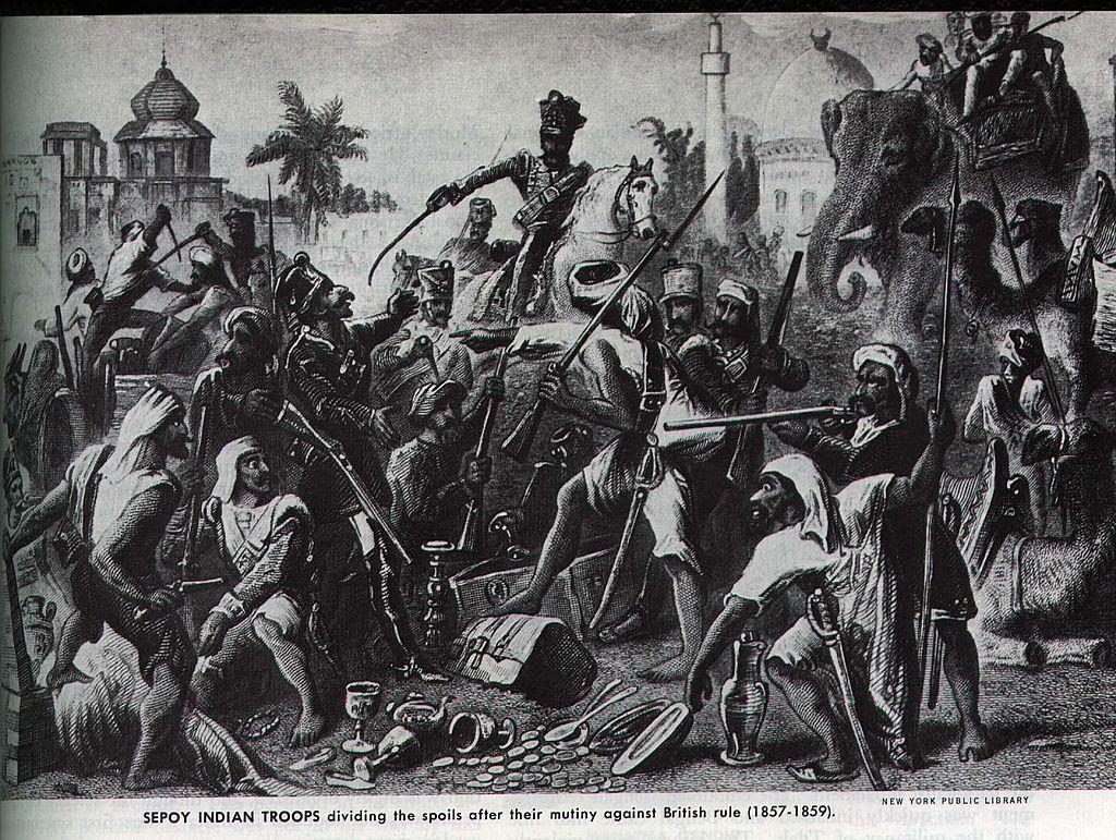 Cartoon illustration of the sepoys, depicted with racial caricature, dividing up loot during the revolt.