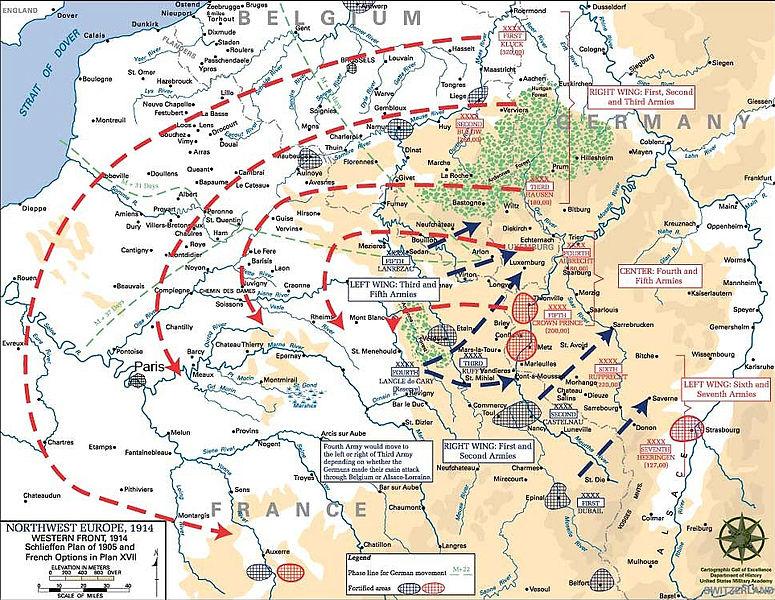 Map indicating the invasion routes of German soldiers according to the Schlieffen Plan.