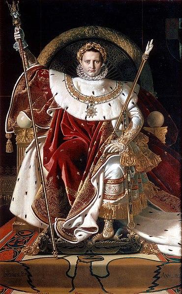 Napoleon in luxurious crimson robes of office holding two jeweled scepters and wearing a golden crown of laurels.