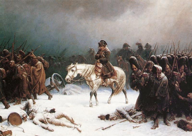 Painting of Napoleon on horseback in the snow surrounded by his desperate soldiers, with bodies on the ground.