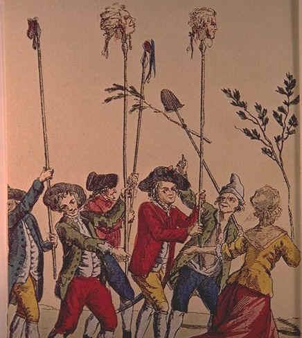 Illustration of French revolutionaries with severed heads on the ends of spears.