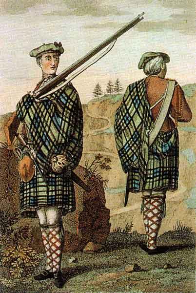 Two Scottish highland soldiers in plaid kilts.
