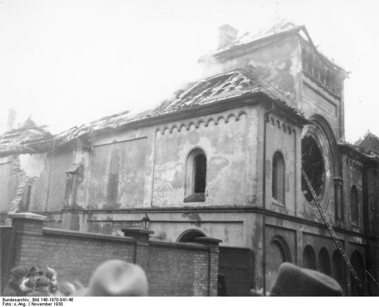 The burned-out shell of a synagogue after Kristallnacht.