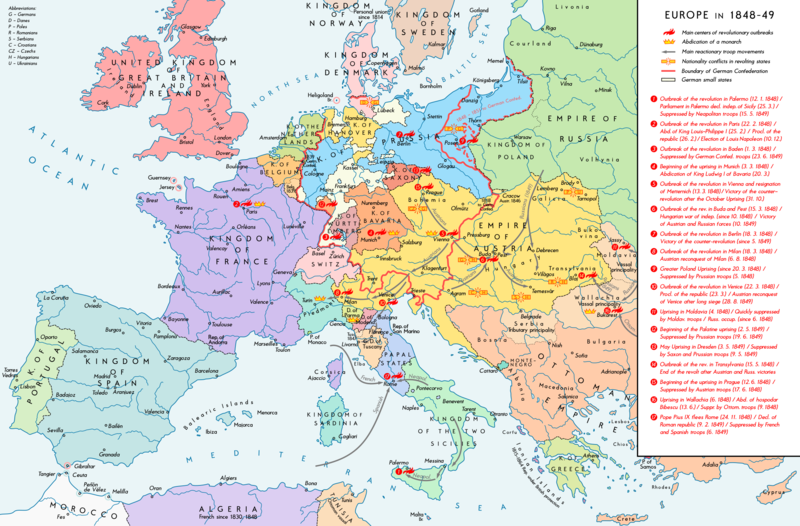 Map of Europe with sites of revolutionary uprisings marked.